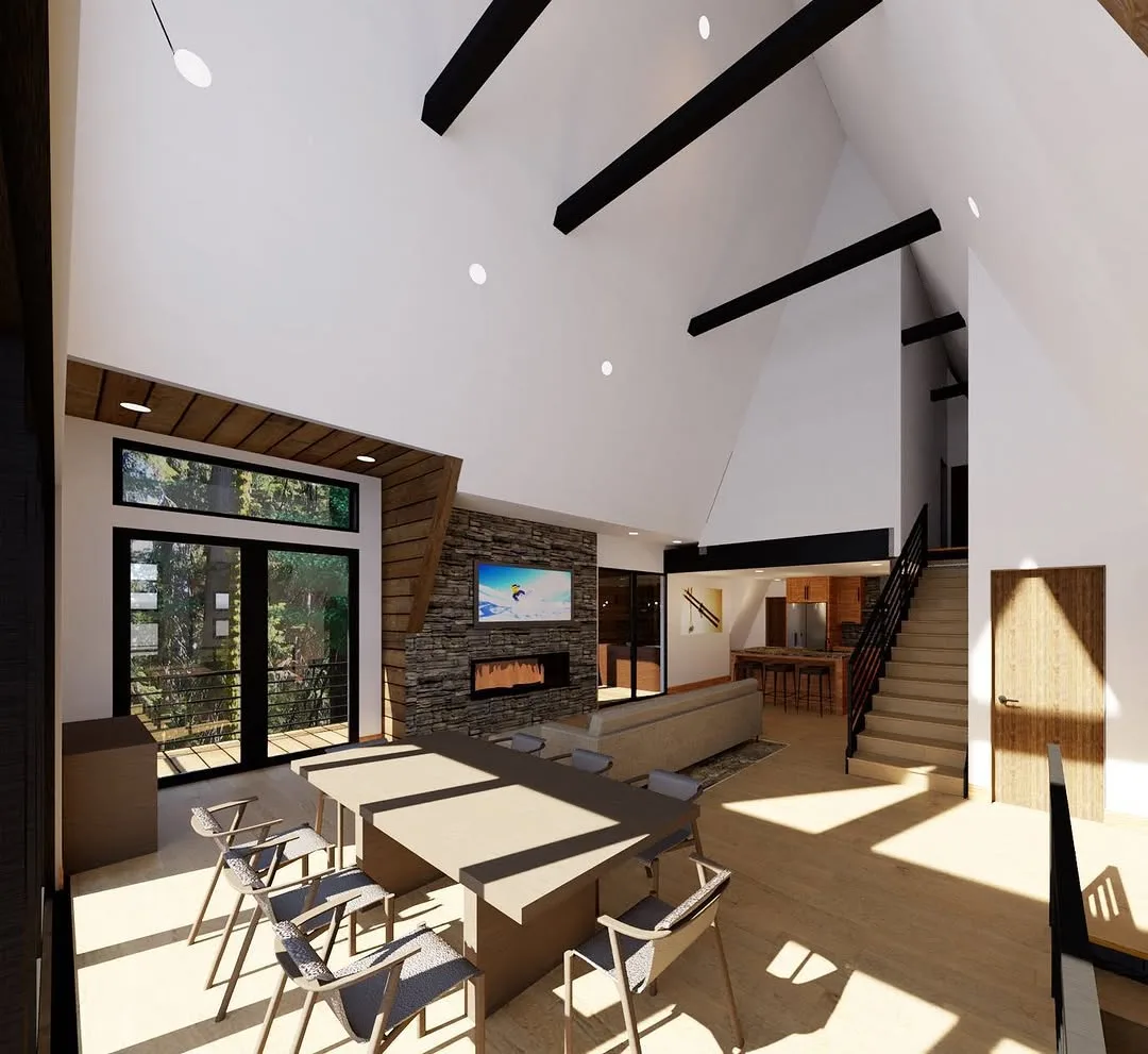 Modern A-Frame Collection Cathedral Ceiling with Matte-Black Beams and Stone Fireplace