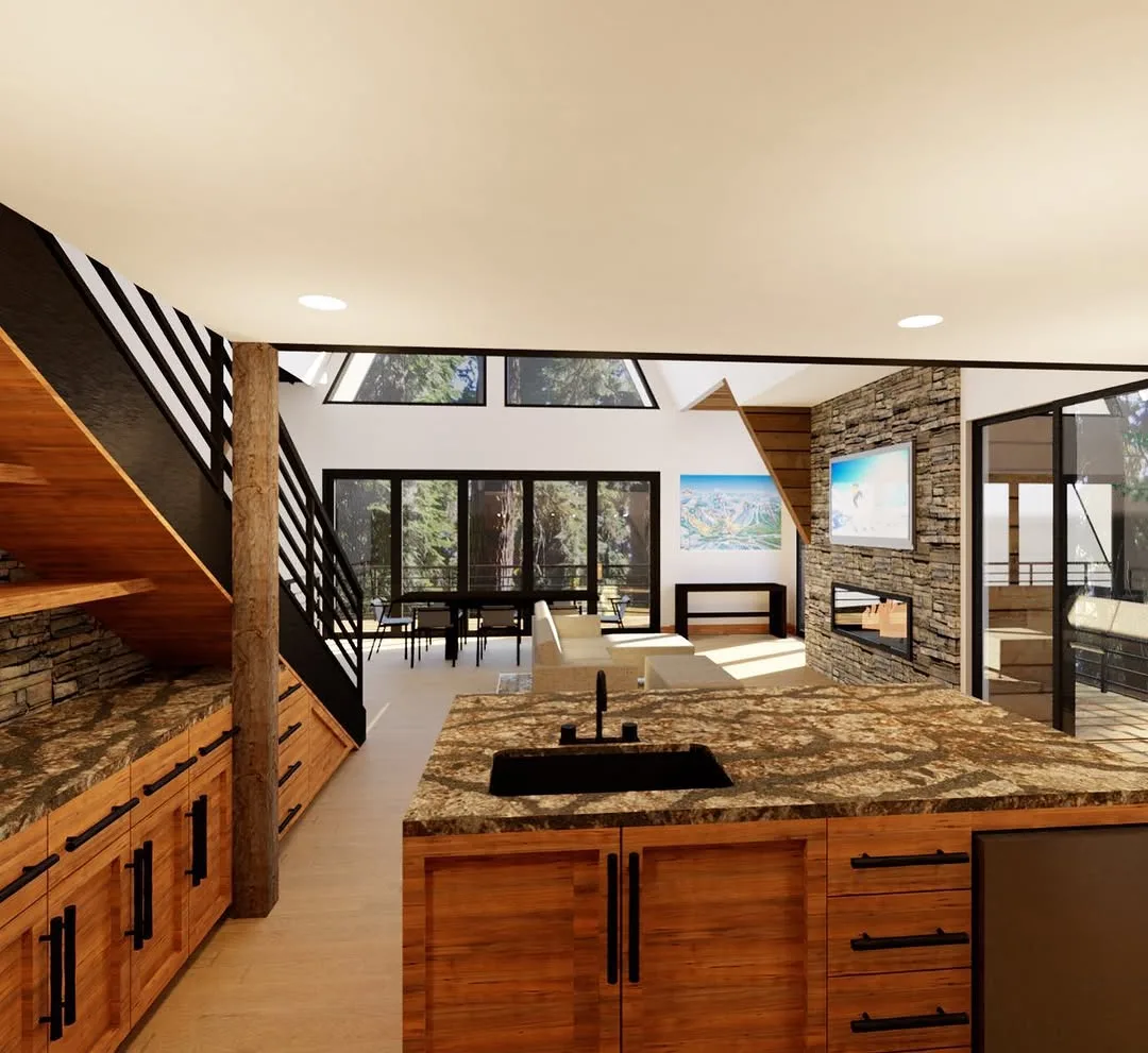 Modern A-Frame Collection Gourmet Chef Kitchen with Warm Wood Cabinetry and Stone Countertops