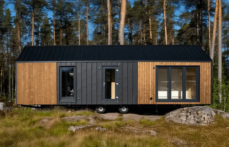 Aura Tiny Homes Matte Black Stealth Luxury Modular Cabin Exterior Architecture