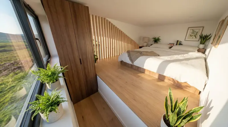 Architectural Elevated Platform King Bed Design with Scenic Views