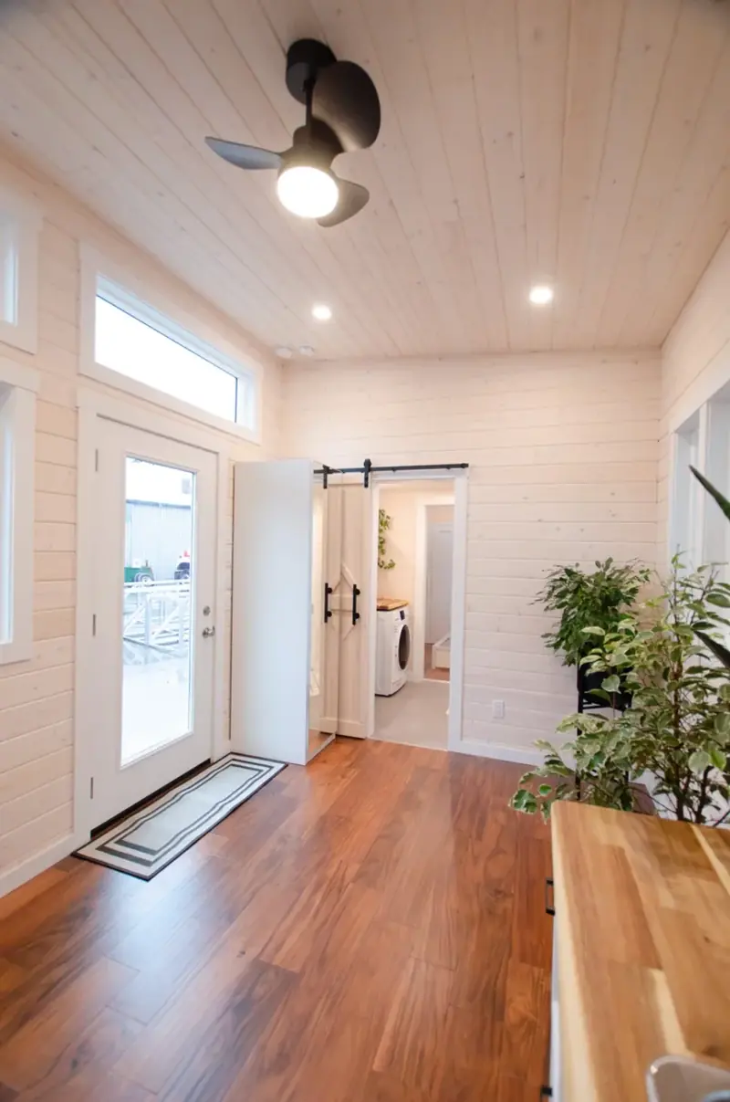 Architectural Smart Tiny House Hallway Layout with Integrated Oak Floating Cabinets