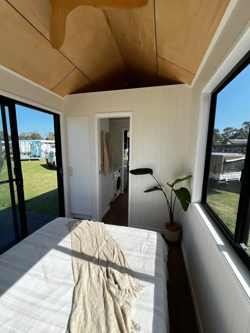Luxury Tiny House Bathroom with Premium Walk In Shower and Floating Double Vanity