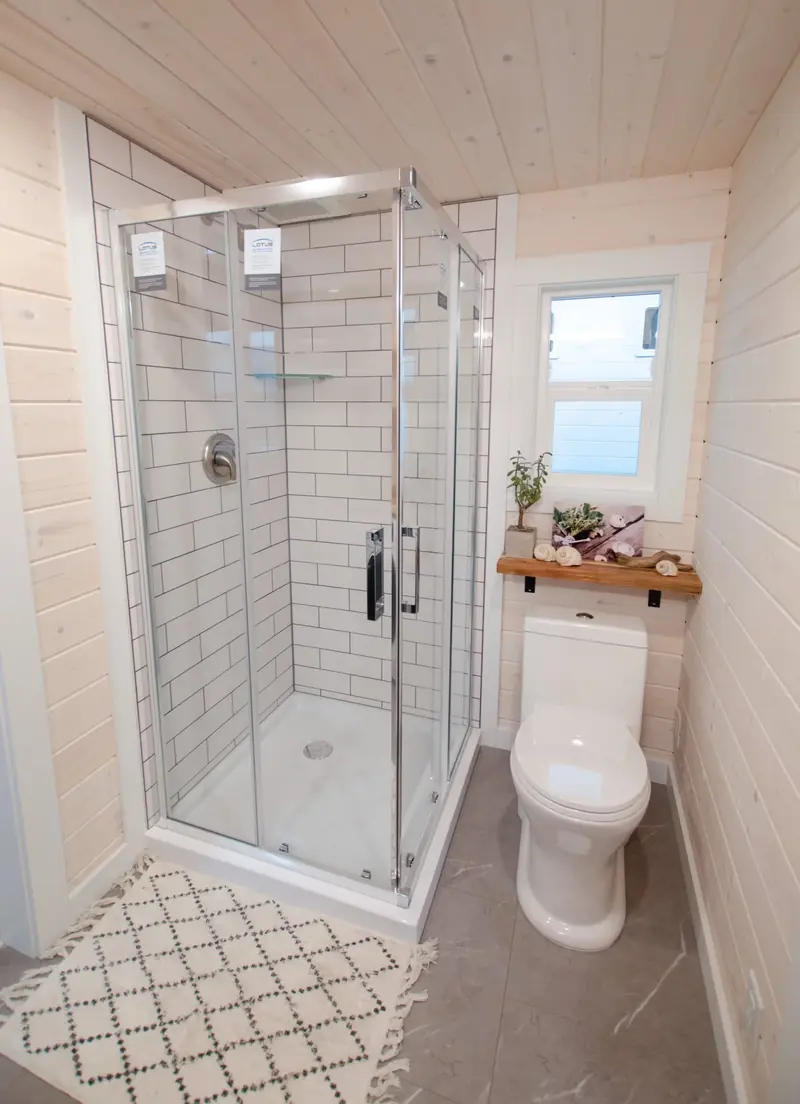 Luxury Tiny House Bathroom with Premium White Marble Walk In Shower and Floating Vanity