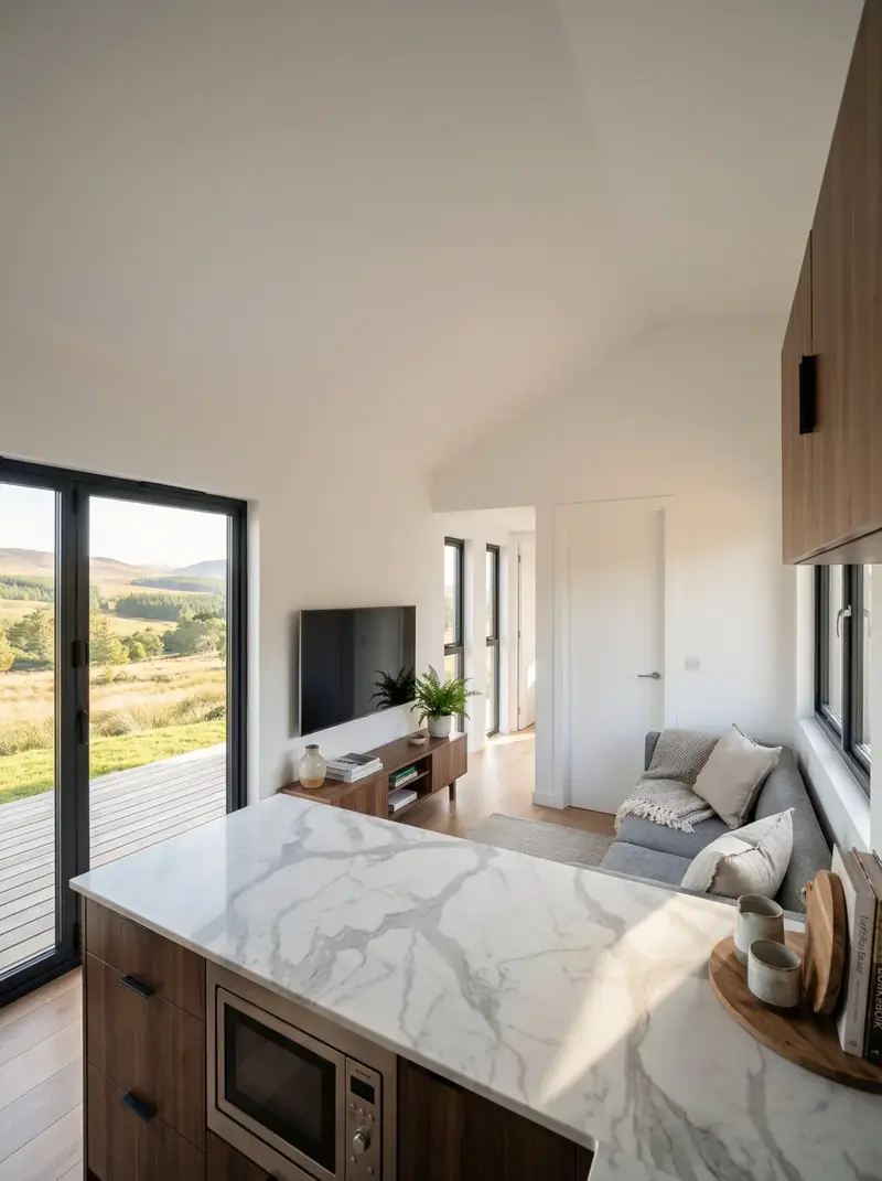 Modern Open Concept Tiny House Living Room with Panoramic View Window