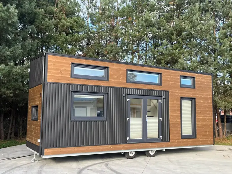 Aura Tiny Homes Warm Walnut and Matte Charcoal Luxury Modular Villa Exterior