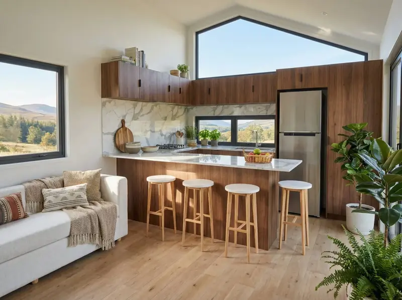 Premium Walnut Cabinetry and Quartz Waterfall Kitchen Island in Modular Home