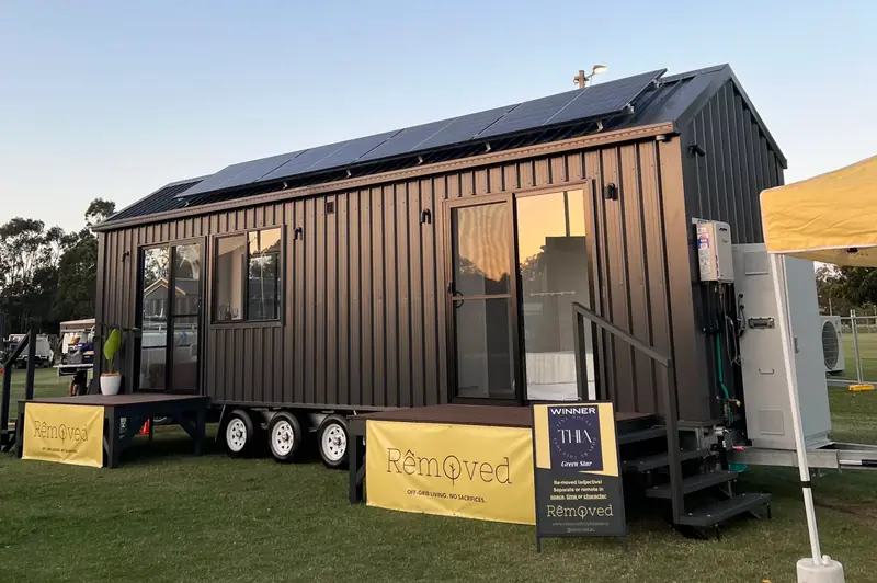 Aura Tiny Homes Pure White and Warm Cedar Geometric Villa Exterior