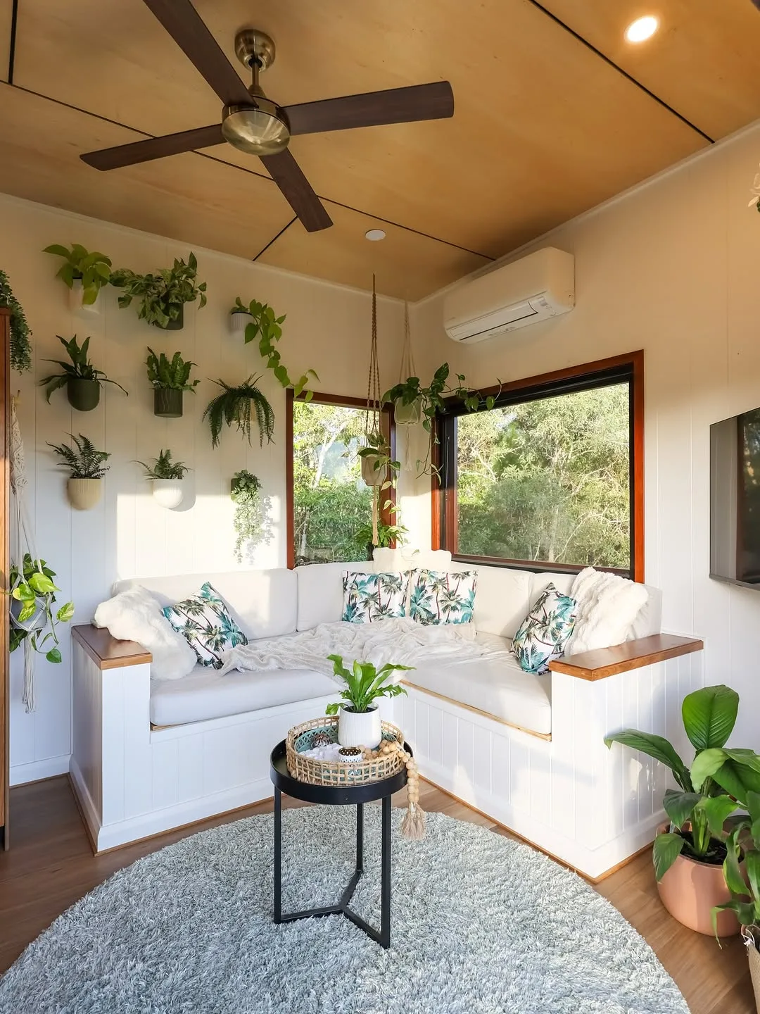 Minimalist Villa Collection White Built-In Sofa Living Room with Indoor Plants